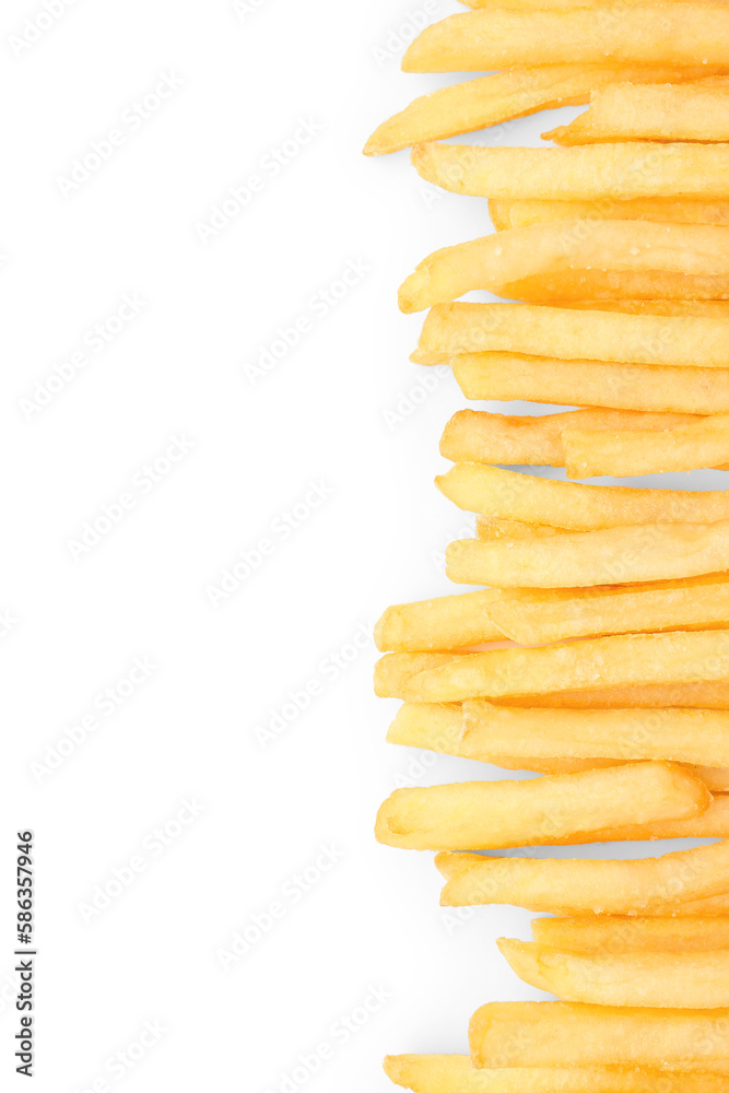 Tasty french fries on white background