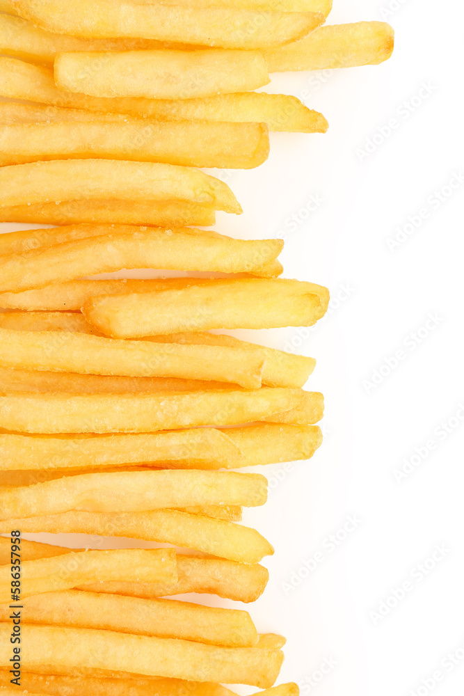 Tasty french fries on white background