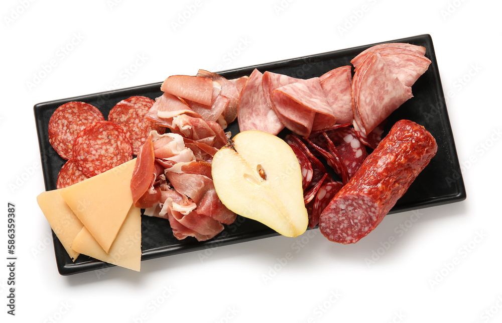 Board with assortment of tasty deli meats and cheese isolated on white background