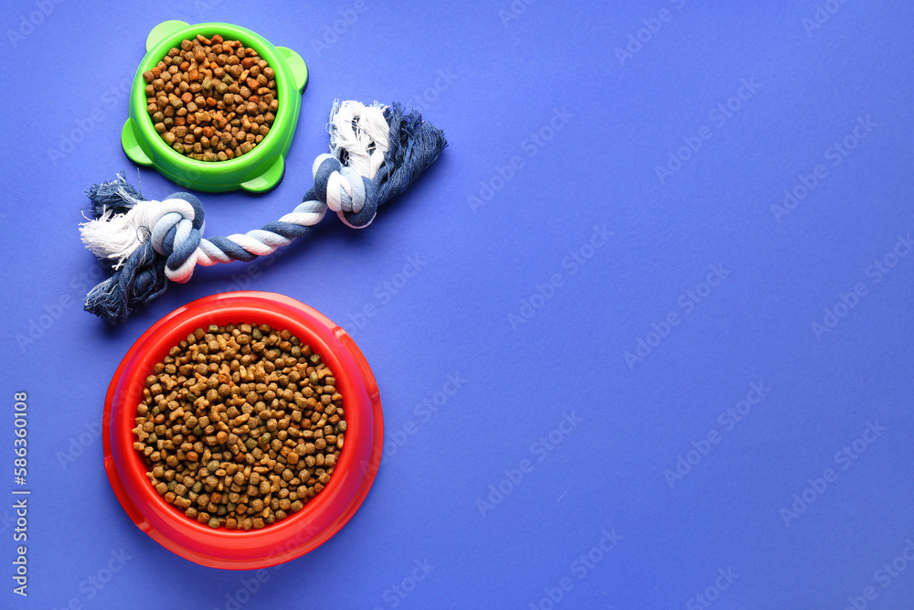 Bowls of dry pet food and toy on color background