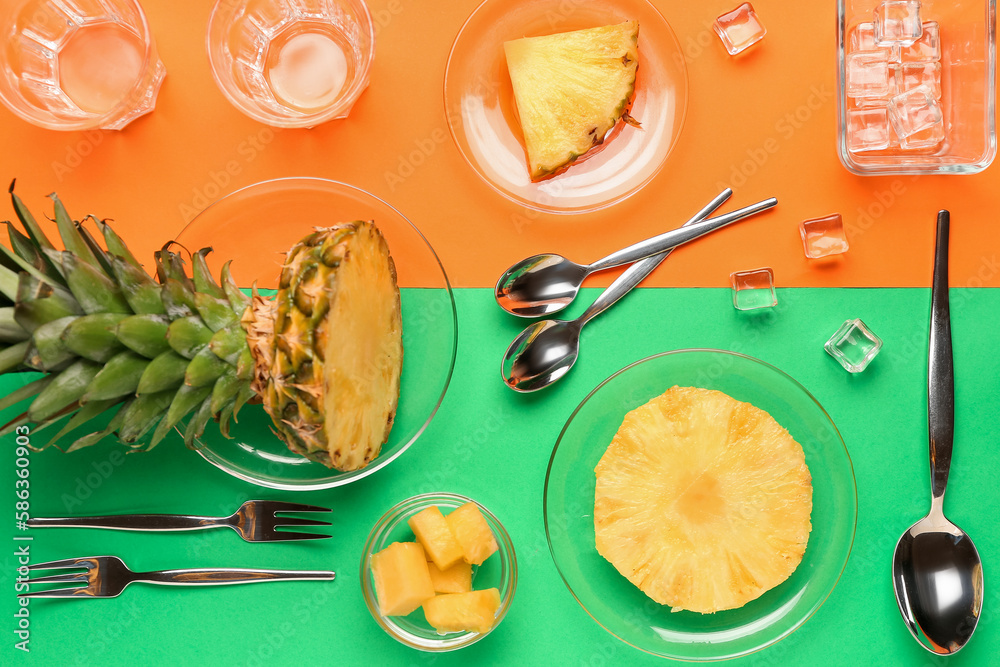 Composition with plates of cut pineapple on colorful background