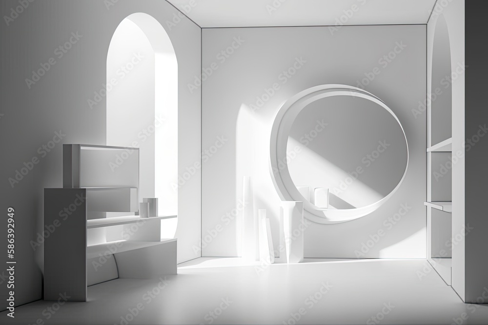 minimalist white room with a circular mirror and floating shelf. Generative AI