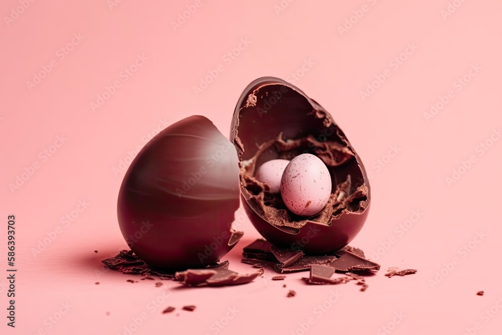 broken chocolate egg with three smaller eggs inside. Generative AI