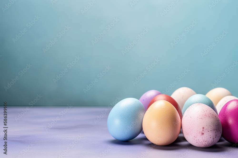 colorful Easter egg display on a table. Generative AI