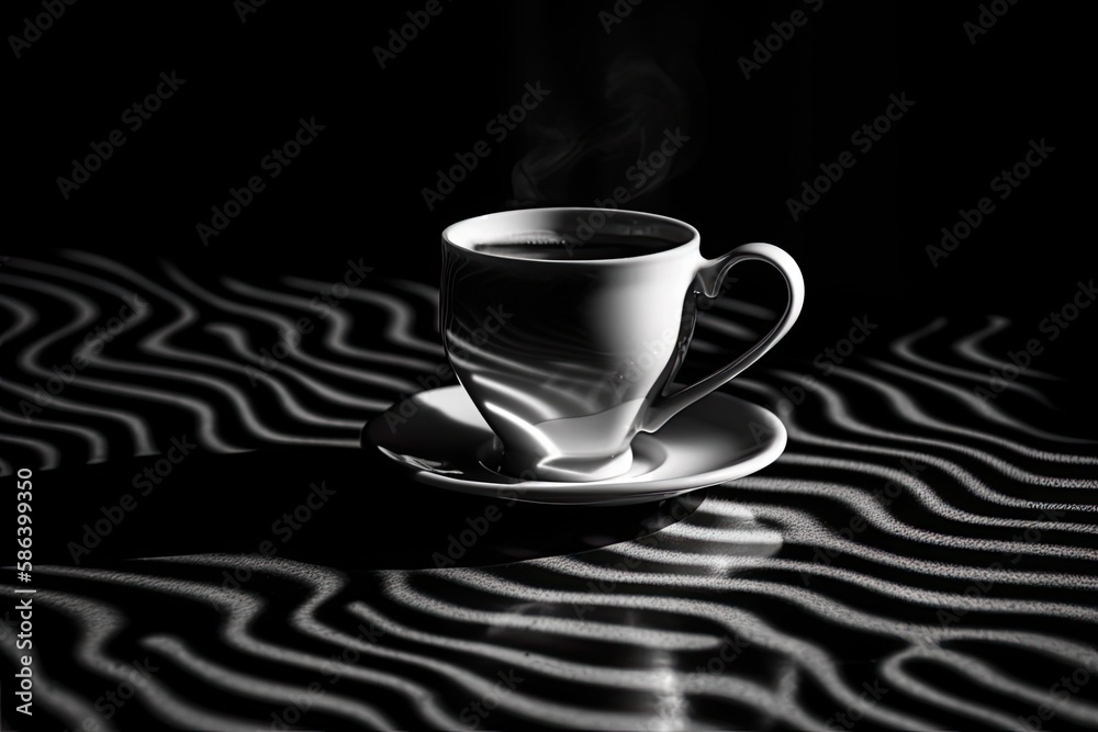 white coffee cup with a saucer on a wooden table. Generative AI