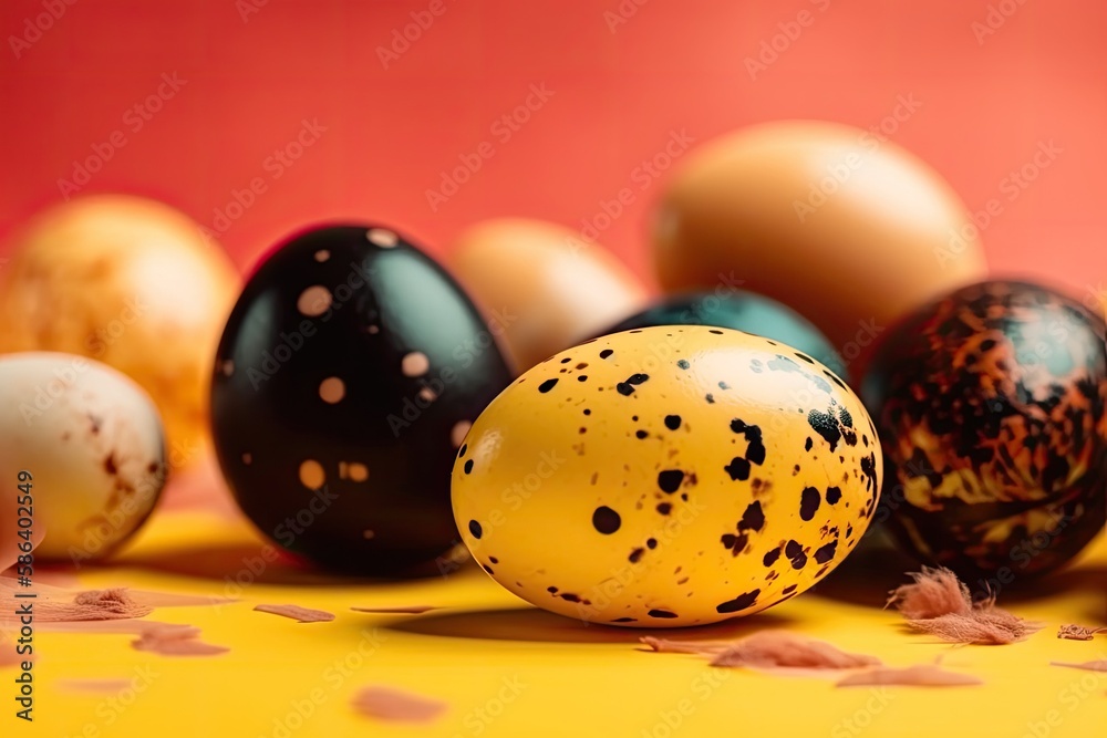 colorful display of painted eggs arranged on a table. Generative AI