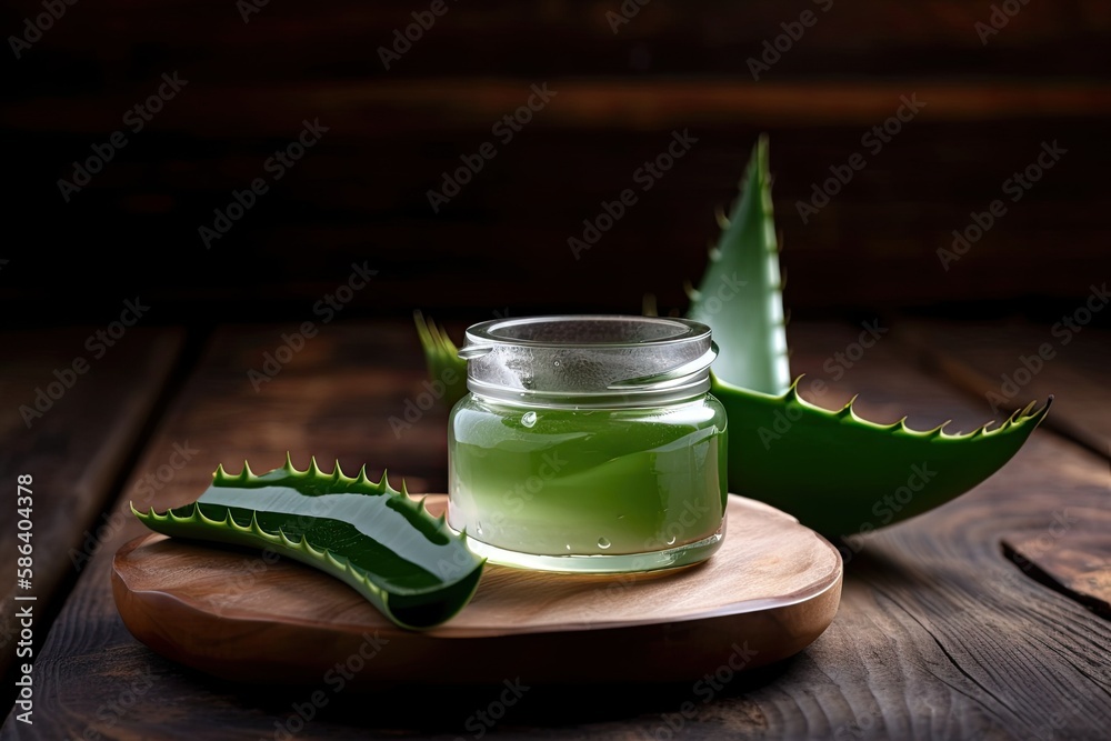 green liquid in a jar on a rustic wooden table. Generative AI