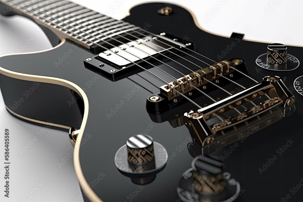 sleek black electric guitar with a shimmering gold neck and strings. Generative AI