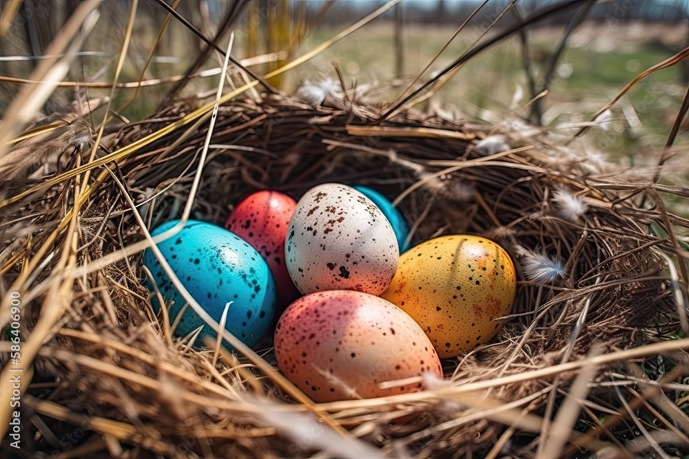 birds nest with eggs on dry grass. Generative AI