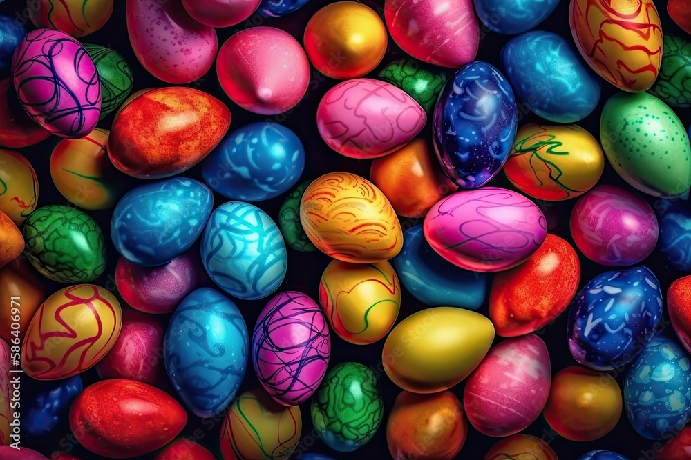 colorful pile of painted eggs. Generative AI