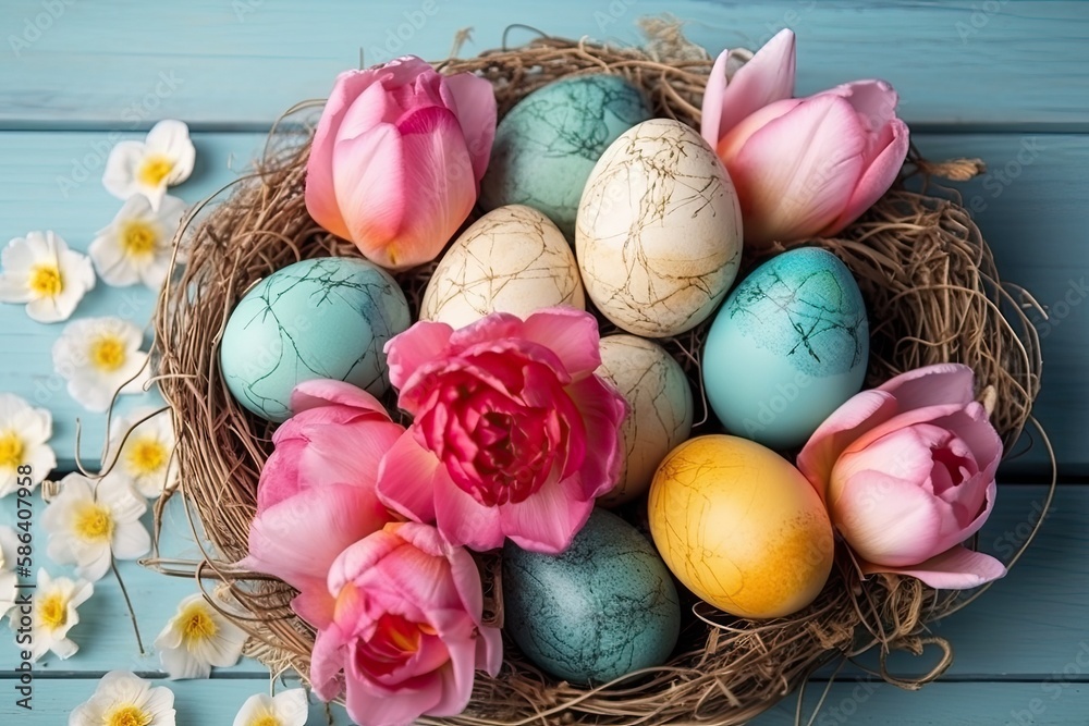 spring-themed basket filled with colorful eggs and flowers on a vibrant blue table. Generative AI