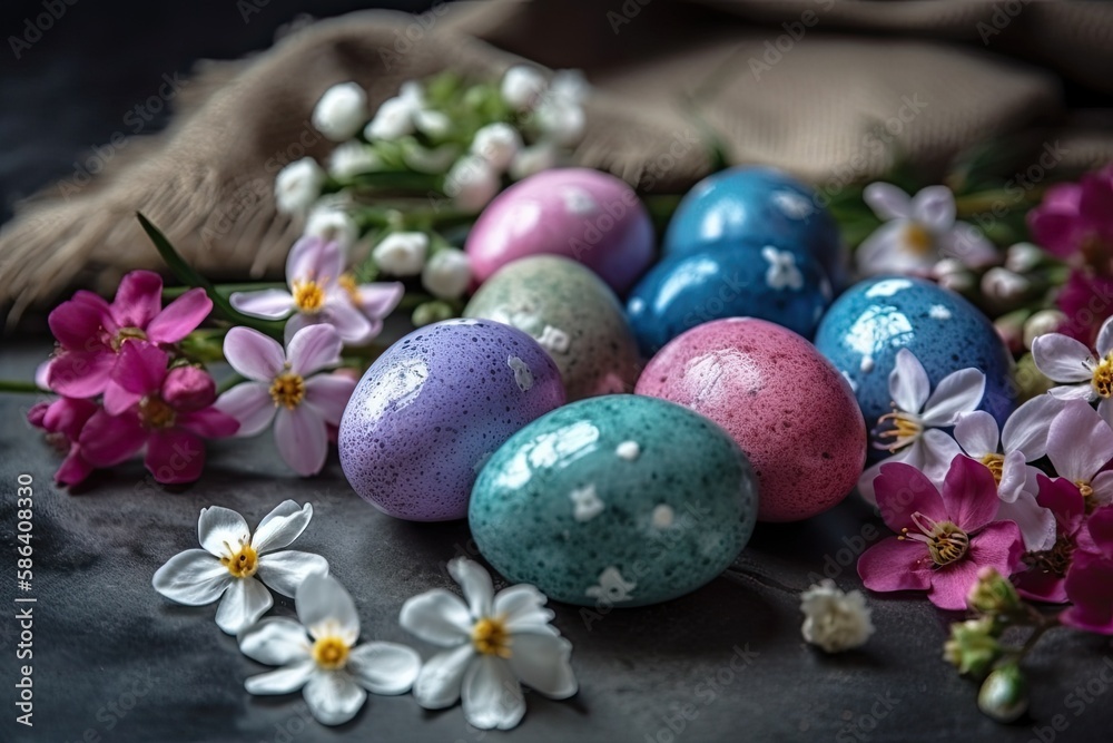 colorful Easter eggs arranged on a table. Generative AI