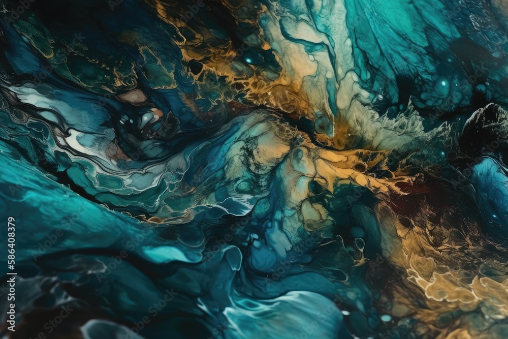 an abstract painting with blue and gold colors. Generative AI