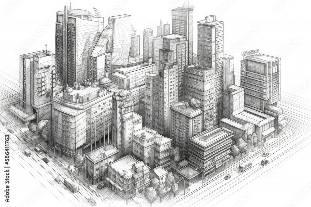 bustling metropolis with towering skyscrapers and busy streets, captured in a detailed pencil drawin