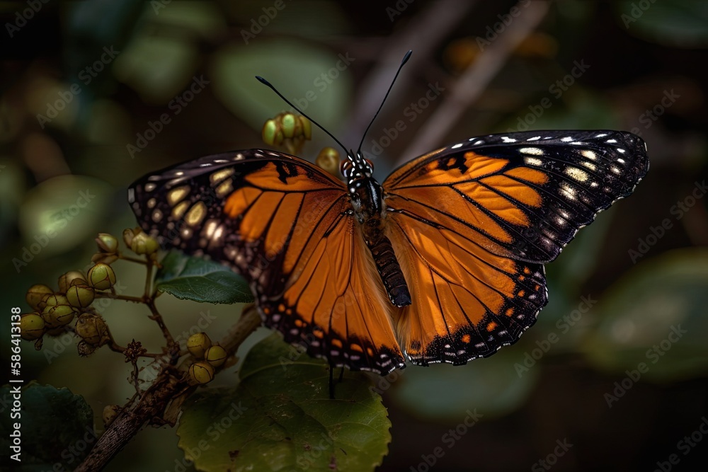 colorful butterfly perched on a green plant. Generative AI