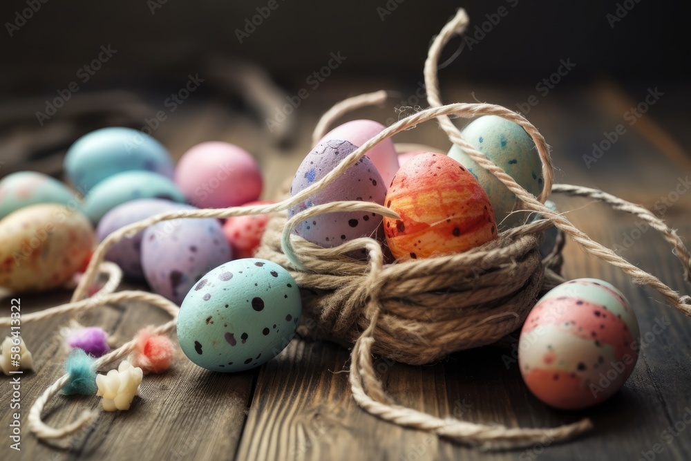 basket filled with brightly painted eggs on a rustic wooden table. Generative AI