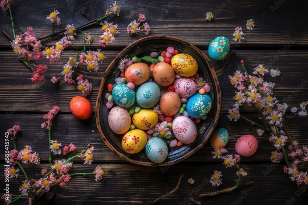 vibrant Easter basket filled with colorful eggs and spring flowers. Generative AI