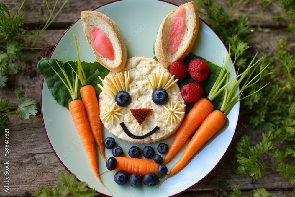 bunny-shaped plate made of carrots and blueberries. Generative AI