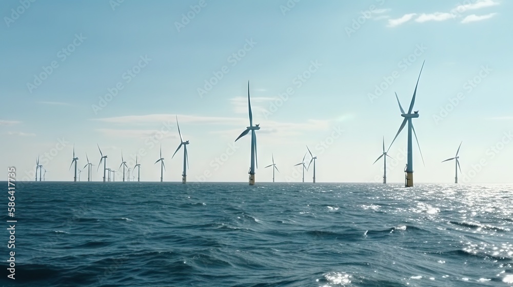 Offshore Windmill farm in the ocean, windmills isolated at sea on a sunny day. Generative AI