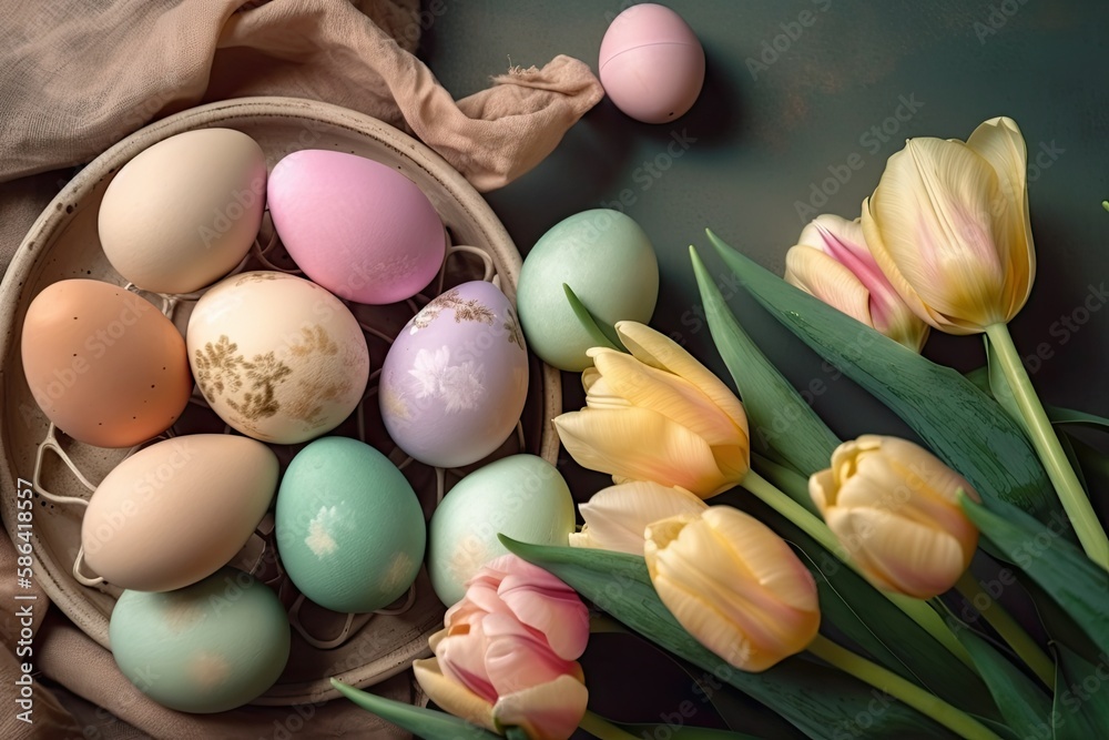 an Easter basket filled with colorful eggs and tulips. Generative AI