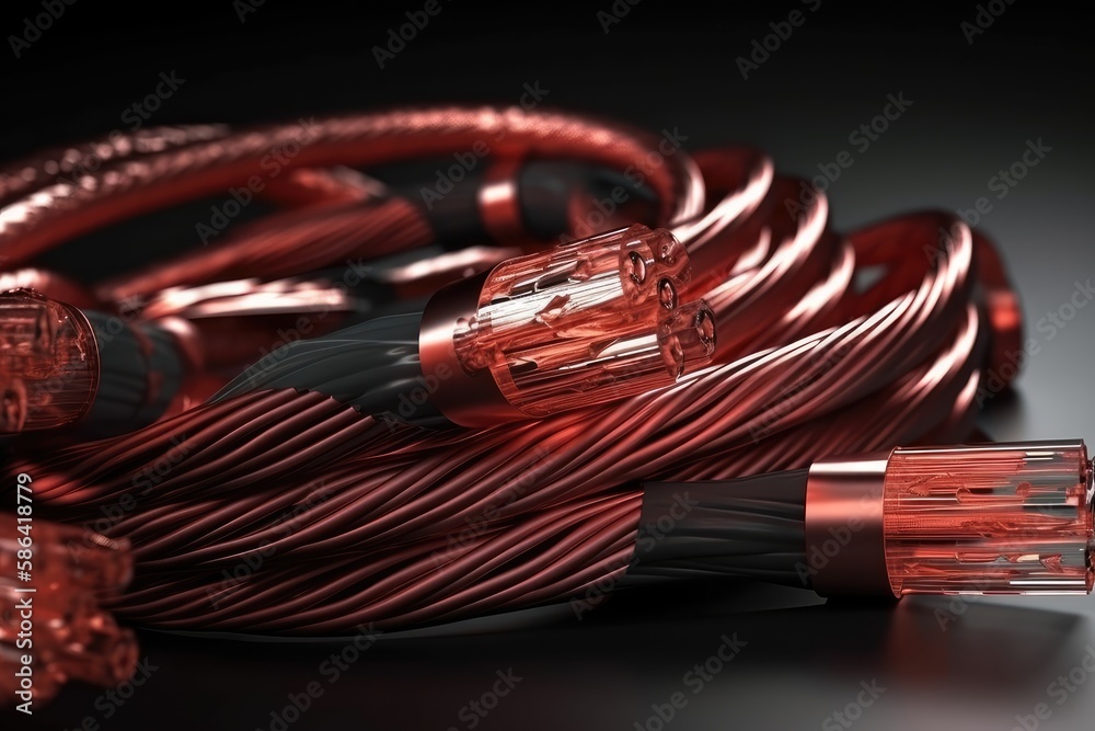 close up of a single red cable on a black background. Generative AI