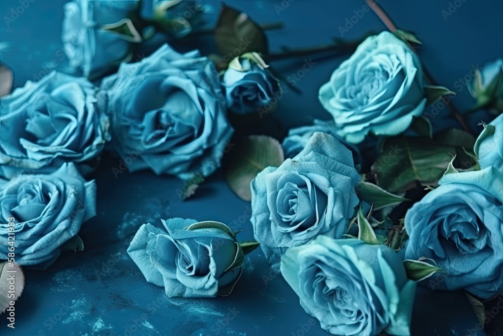 bouquet of blue roses on a wooden table. Generative AI