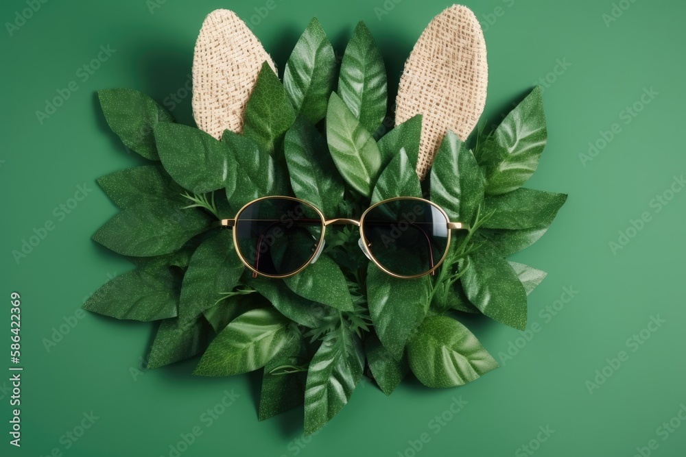 sunglasses resting on a green plant, creating a stylish and natural vibe. Generative AI