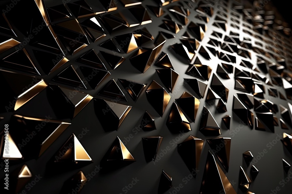 black wall with a geometric pattern of gold triangles. Generative AI