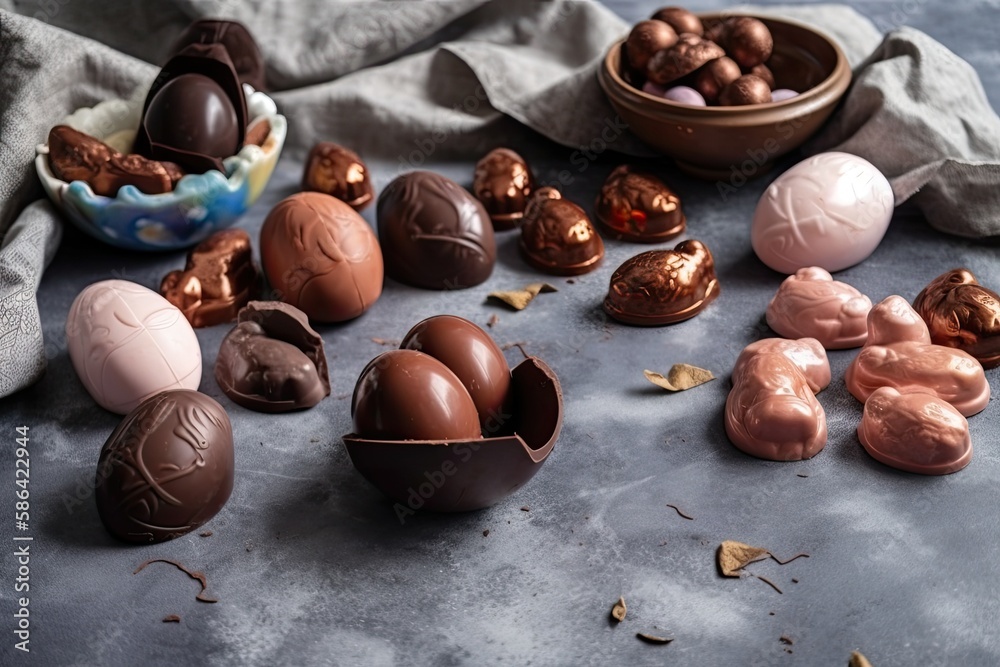 table filled with colorful chocolate Easter eggs. Generative AI