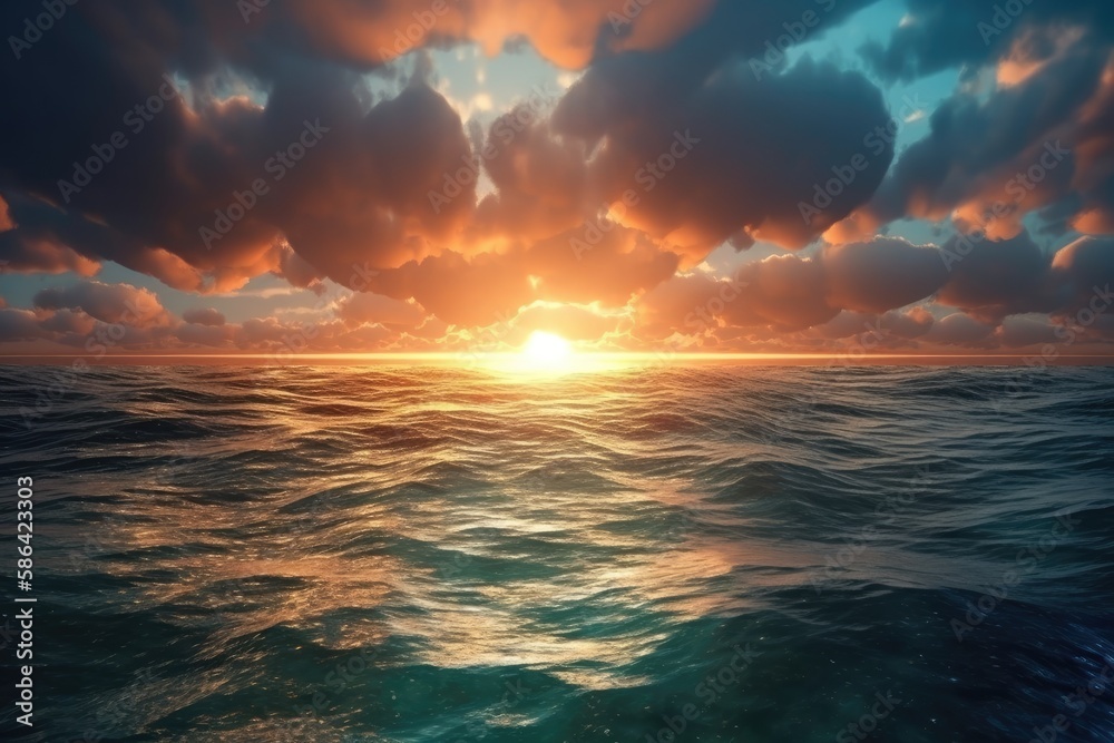 dramatic sunset over a tranquil ocean with billowing clouds. Generative AI