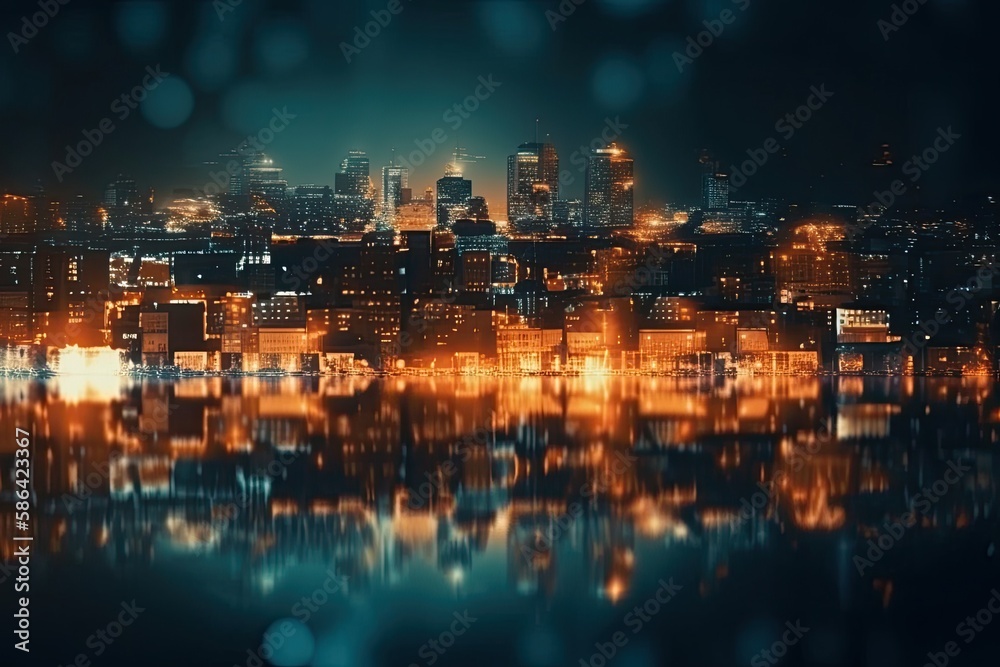 city skyline at night seen from across the water. Generative AI