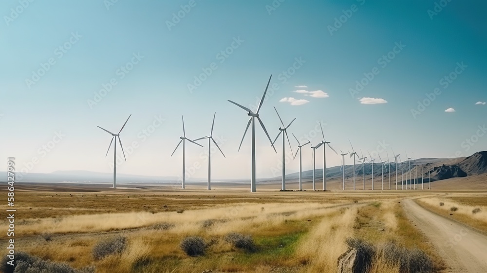 Windmill farm in the steppe against the blue sky. Renewable energy. Generative AI