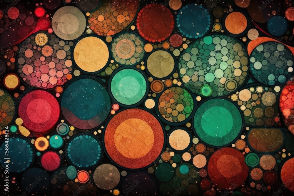 Abstract painting with multiple colorful circles arranged in a pattern. Generative AI