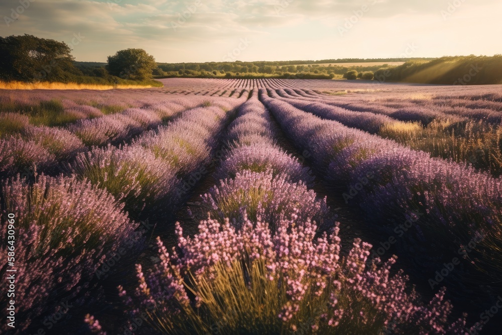 breathtaking lavender field with sun rays piercing through the clouds. Generative AI