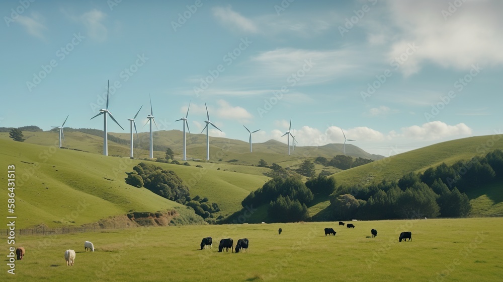 Power generating windmills on green hills. Renewable energy concept. Generative AI