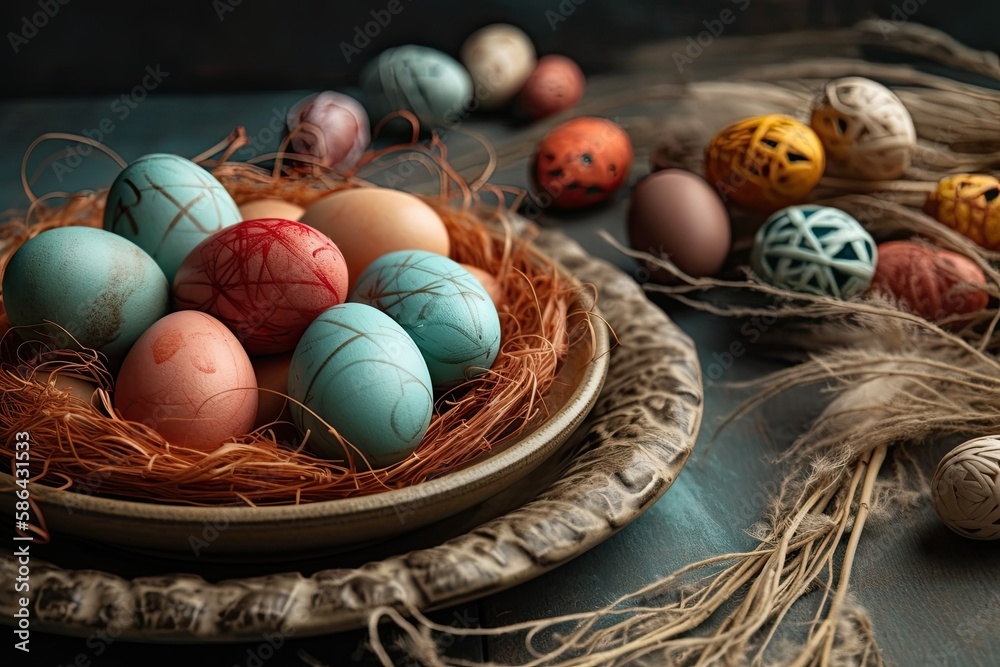 bowl filled with fresh eggs on a wooden table. Generative AI