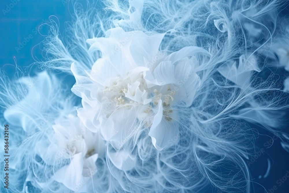 white flower in macro view on a vibrant blue background. Generative AI