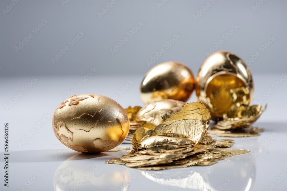 golden eggs arranged on a table. Generative AI