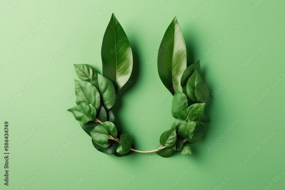 two green leaves on a solid green background. Generative AI