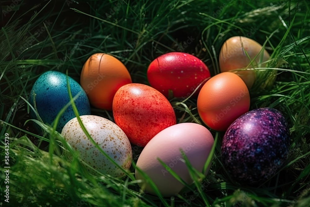 colorful Easter eggs scattered on green grass. Generative AI