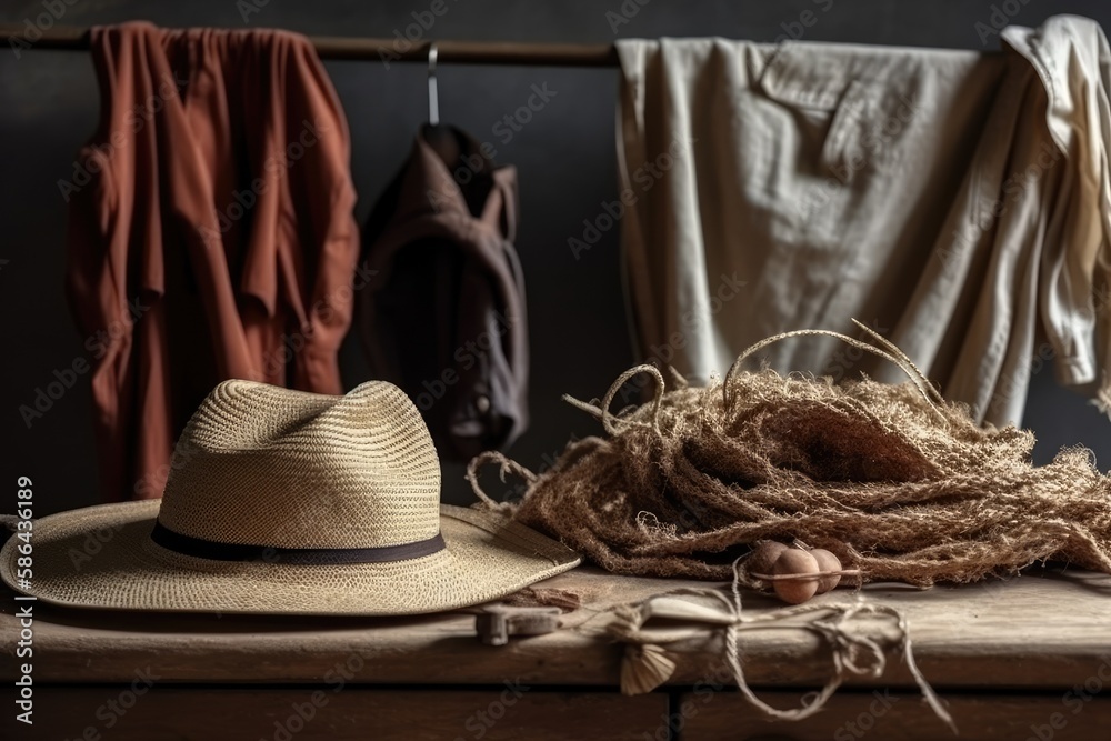 hat and rope on a wooden table. Generative AI