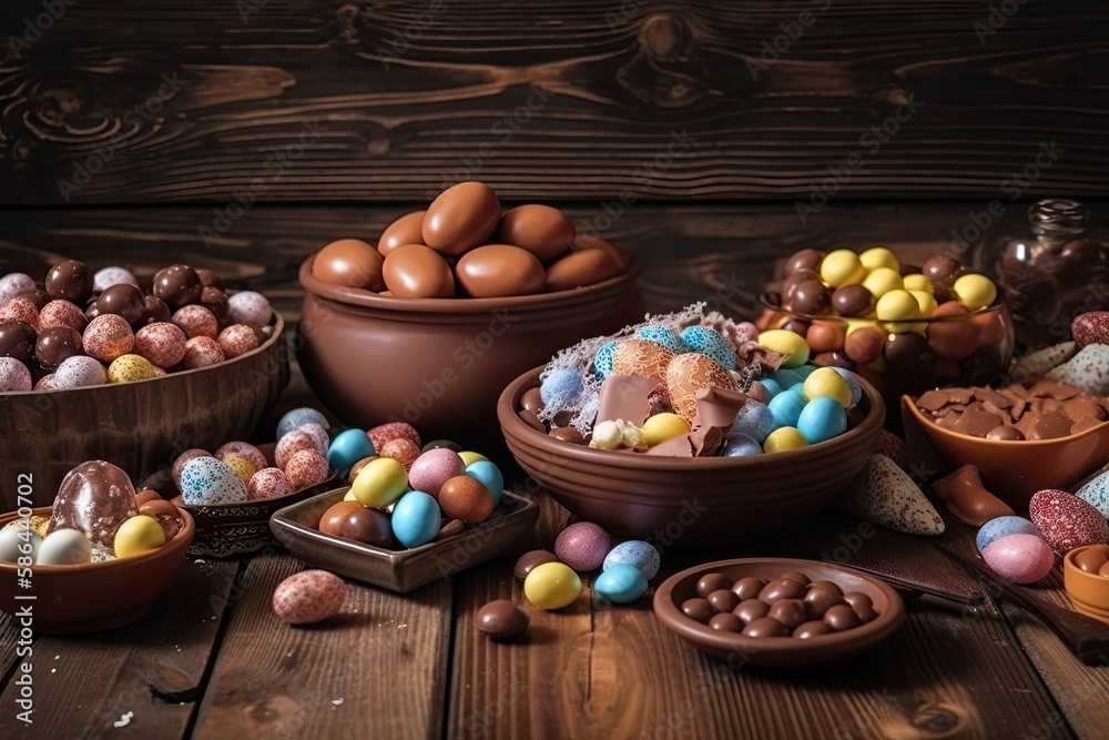 festive table with colorful bowls filled with chocolate eggs. Generative AI