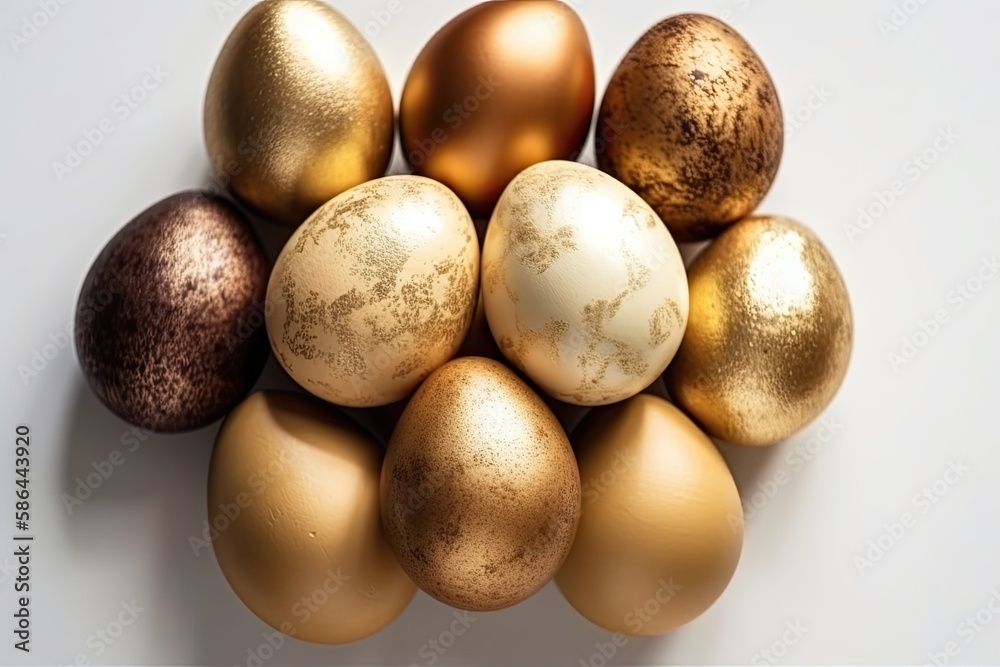 stack of golden and brown eggs on a clean white background. Generative AI