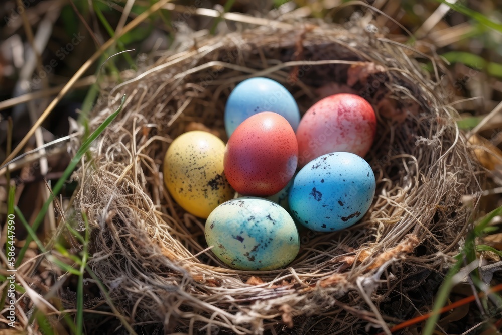 birds nest with eggs on a bed of grass. Generative AI