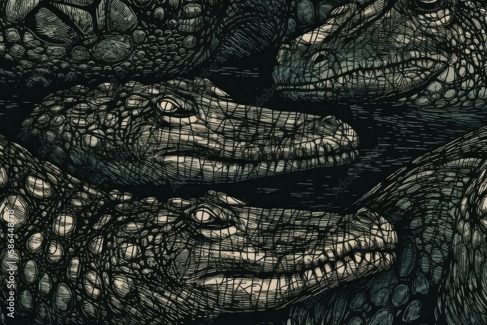 group of alligators in a monochromatic style. Generative AI