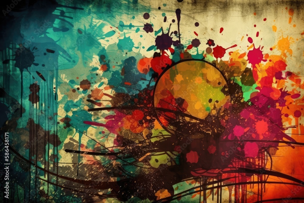 colorful abstract painting with splatters and drips. Generative AI