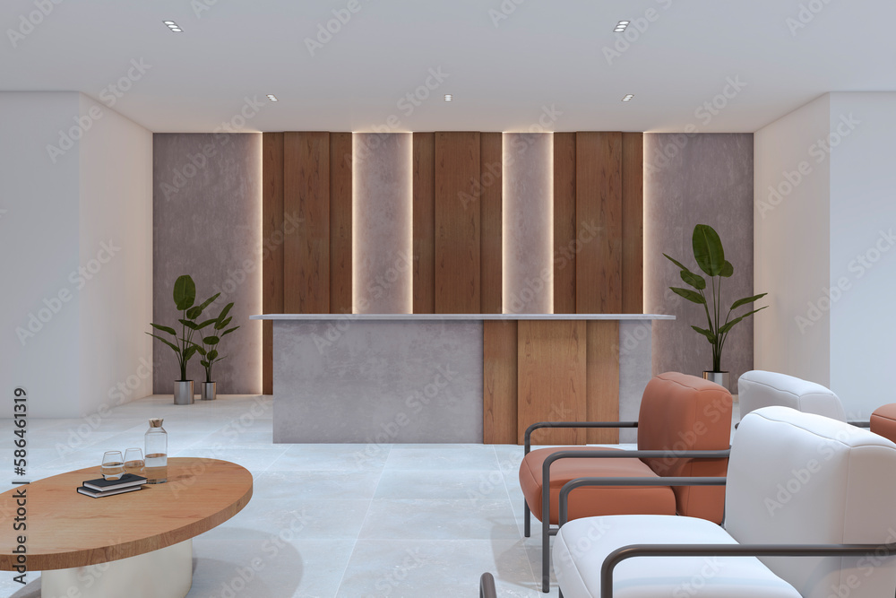 Clean office lobby or waiting area interior with furniture. Cozy designs concept. 3D Rendering.