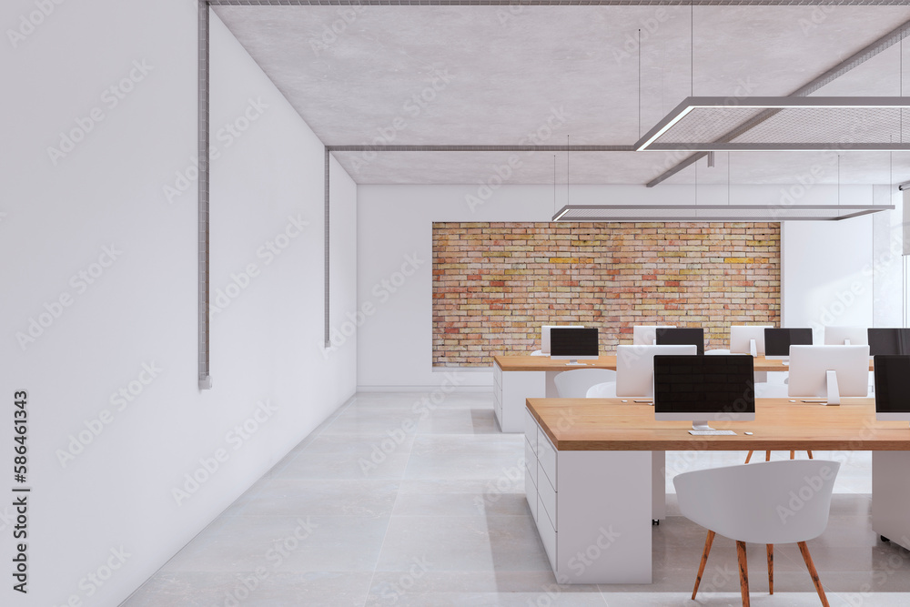 Luxury white concrete and brick coworking office interior with furniture and equipment. 3D Rendering