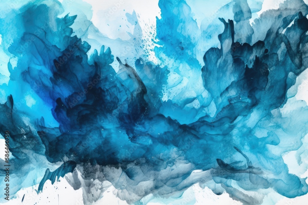 an abstract painting with blue and black ink on a white background. Generative AI