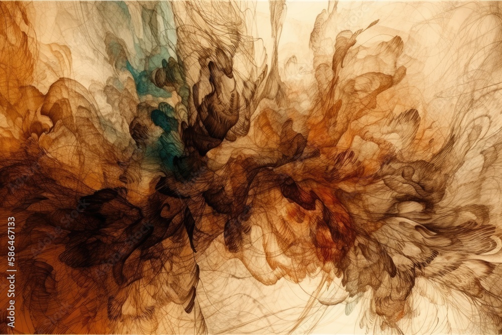 an abstract painting featuring shades of brown and blue. Generative AI